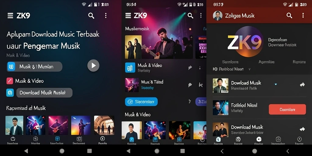 Antarmuka aplikasi ZK9 untuk unduhan musik yang mudah.
